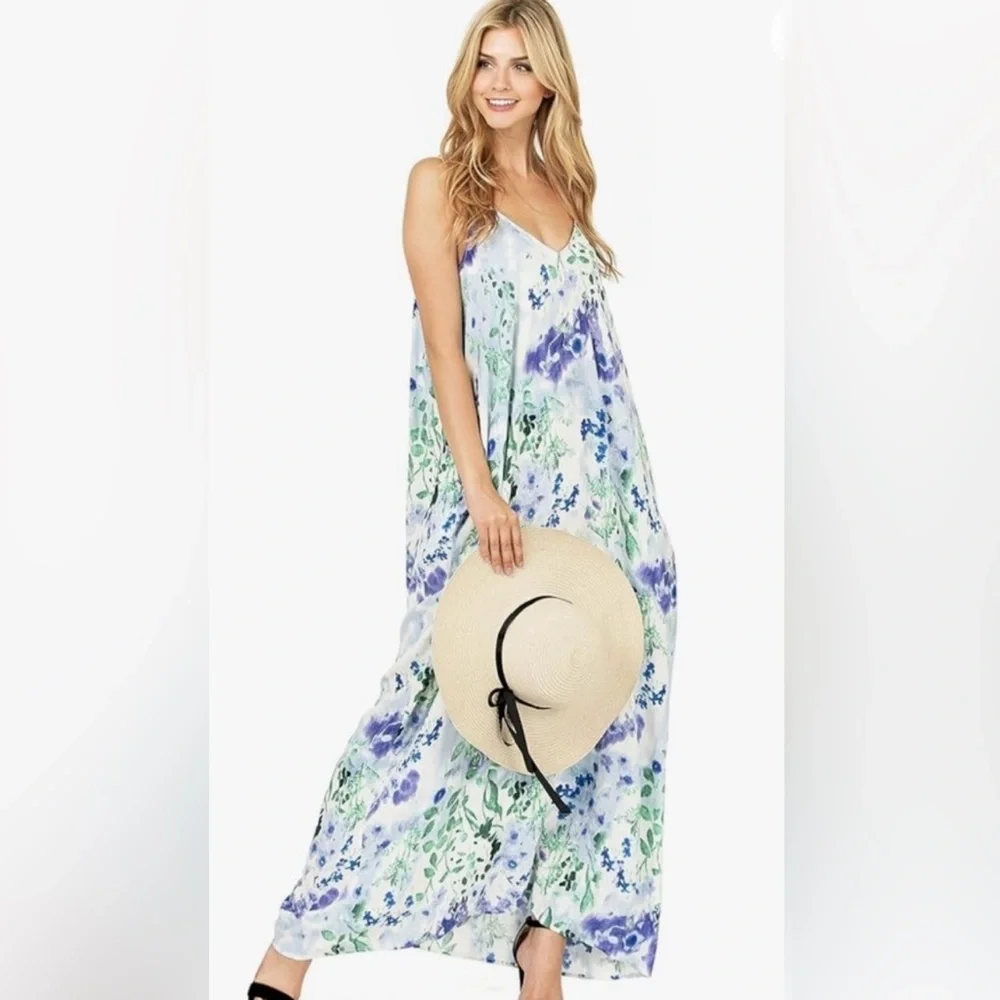 NWT Love Stitch Watercolor Floral Blue and Green Sleeveless Maxi Dress Size S/M - Picture 5 of 8